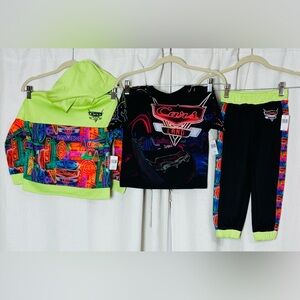 Disney Pixar Cars Toddler 3-Pc Outfit sz 3-4 Neon Shirt Hoodie Pants Lot NWT NEW